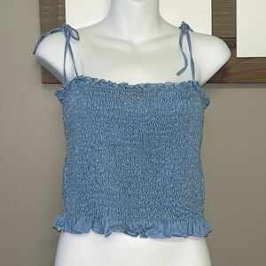 Vici Vintana Smocked Tencel Cropped Straps Tank Top Light Blue- Large